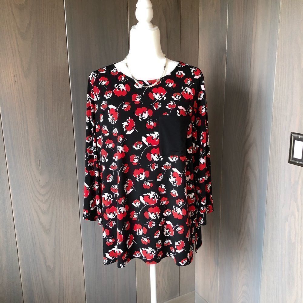 Black and Red Poppy Floral Bell Sleeve Blouse 1X